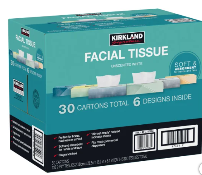 Kirkland Signature Facial Tissue, 2-Ply, 110-count, 30-pack