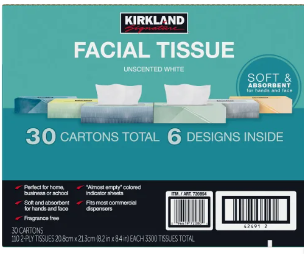 Kirkland Signature Facial Tissue, 2-Ply, 110-count, 30-pack