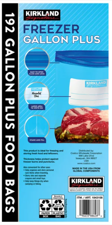 Kirkland Signature Seal Top Freezer Bags, Gallon Plus, 192-count
