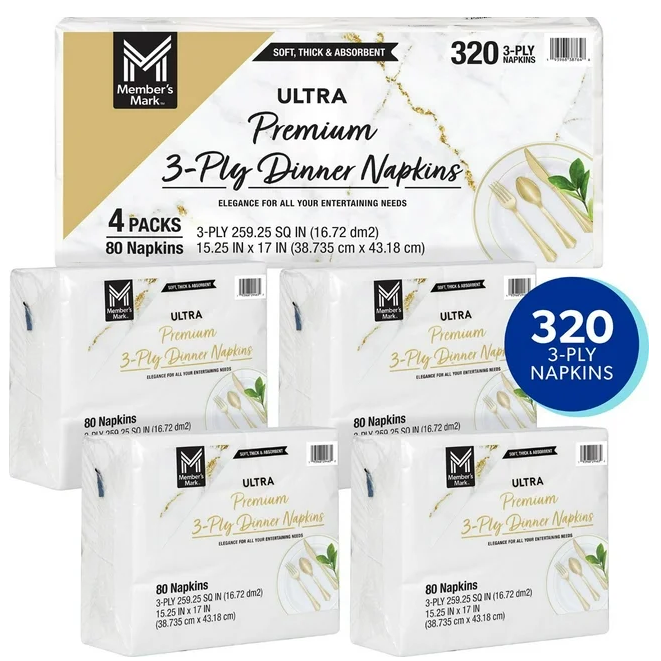 Member's Mark Ultra Premium 3-Ply White Dinner Napkins, 4 pks., 80 napkins/pk.
