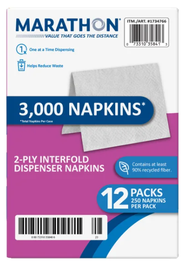 Marathon Interfold Dispenser Napkins, 2-ply, 250-count, 12-packs