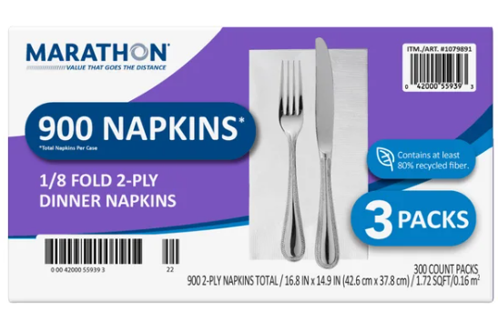 Marathon Dinner Napkin, 1/8 Fold, 2-Ply, 300-count, 3-pack