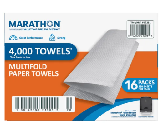 Marathon Paper Towels, Multifold, 1-Ply, 250 Sheets, 16-count