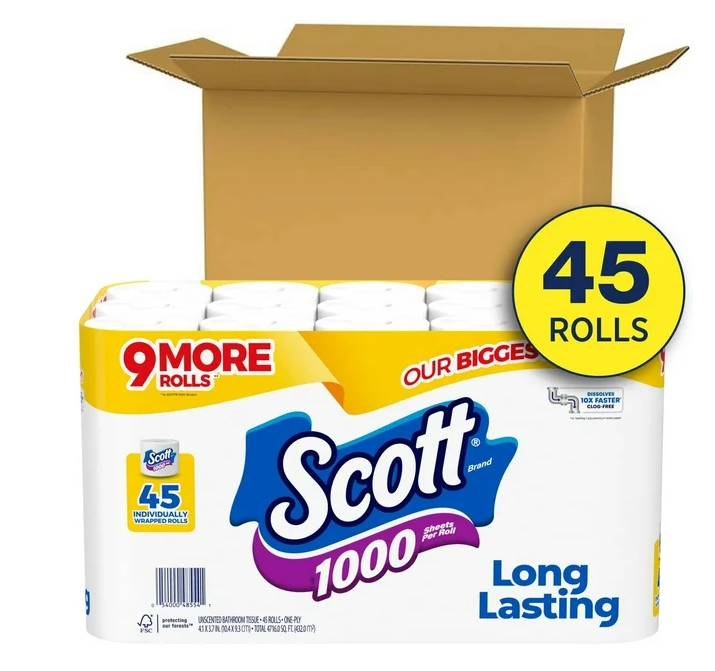 Scott 1000 1-Ply Toilet Paper 45 rolls, 1,000 sheets/roll
