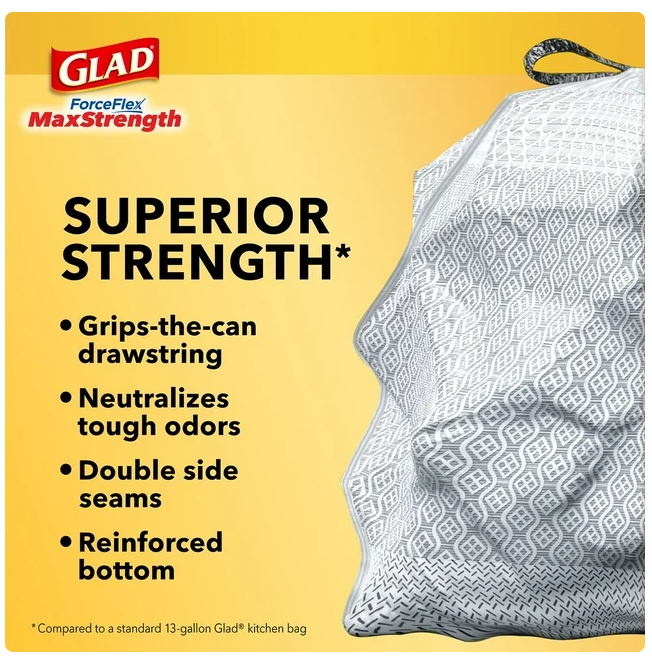 Glad ForceFlex Tall Kitchen Trash Bags With Clorox, Lemon Fresh Bleach Scent 13 gal., 120 ct.