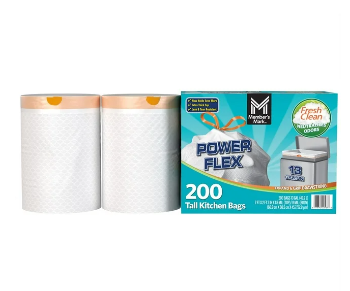 Member's Mark Power Flex 13-Gallon Tall Kitchen Trash Bags, Fresh Scent, 200 ct.