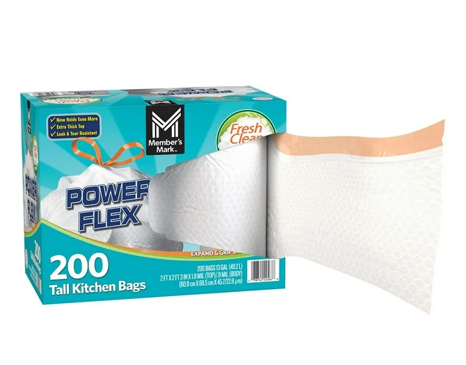 Member's Mark Power Flex 13-Gallon Tall Kitchen Trash Bags, Fresh Scent, 200 ct.