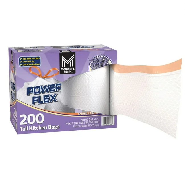 Member's Mark Power Flex 13-Gallon Tall Kitchen Trash Bags, Lavender, 200 ct.