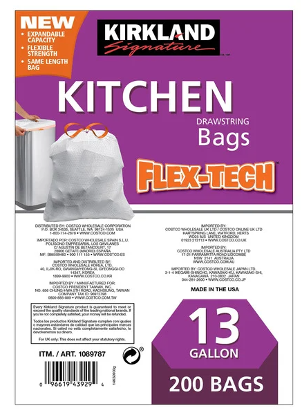Kirkland Signature Flex-Tech 13-Gallon Kitchen Trash Bag, 200-count