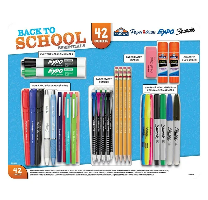 Back To School Essentials 42-Piece School Supply List Value Pack from Paper Mate, Sharpie, Elmer’s & Expo