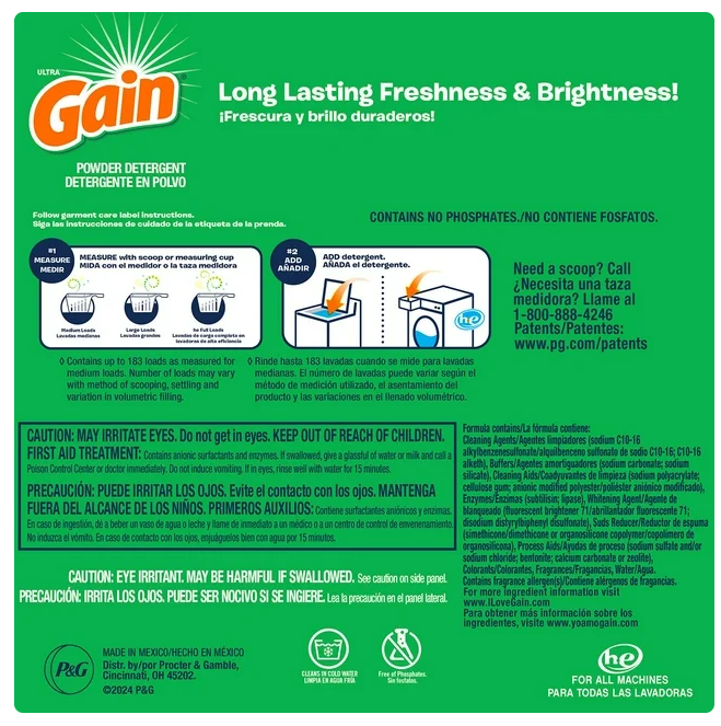 Gain Ultra Powder Laundry Detergent, Original, 183 loads, 169 oz.