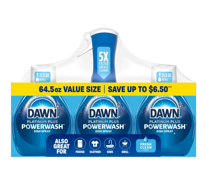 Dawn Platinum Plus Powerwash Dish Spray Bottle Set, Fresh Scent, 1 Spray Bottle + 2 Refills, 64.5 fl. oz.