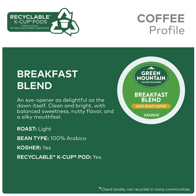 Green Mountain Coffee Roasters Light Roast Coffee Pods, Breakfast Blend, 80 ct.