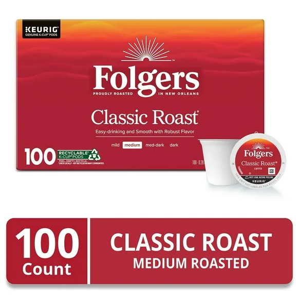 Folgers Classic Medium Roast K-Cup Coffee Pods, 100 ct.