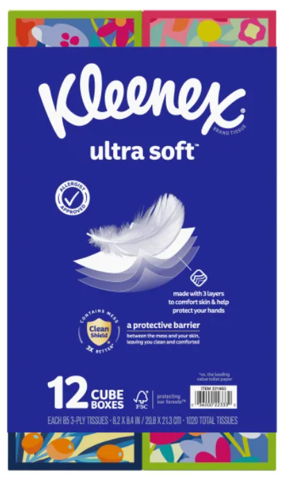 Kleenex Ultra Soft Facial Tissue, 3-Ply, 85-count, 12-pack
