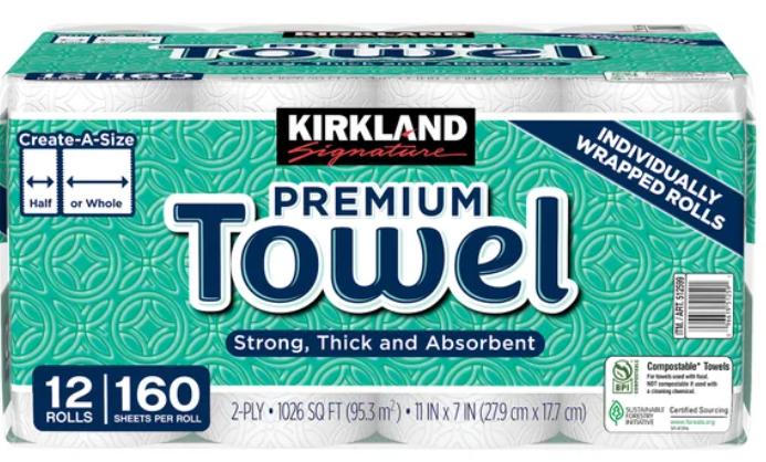Kirkland Signature Paper Towels, 2-Ply, 160 Sheets, 12 Individually Wrapped Rolls