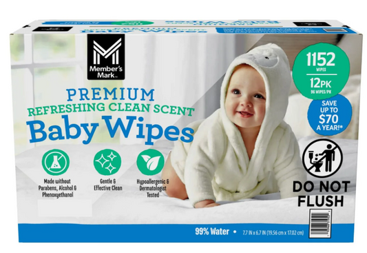 Member's Mark Premium Baby Wipes, Refreshing Clean Scent, 12 pk., 1152 Wipes
