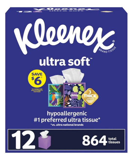 Kleenex Ultra Soft Hypoallergenic 3-Ply Facial Tissues 12 Cube Boxes, 72 tissues/box