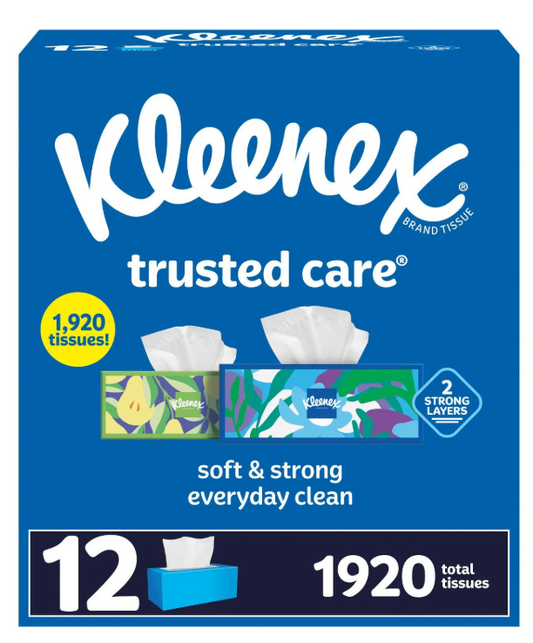 Kleenex Trusted Care 2-ply Facial Tissues 12 boxes, 160 tissues/box
