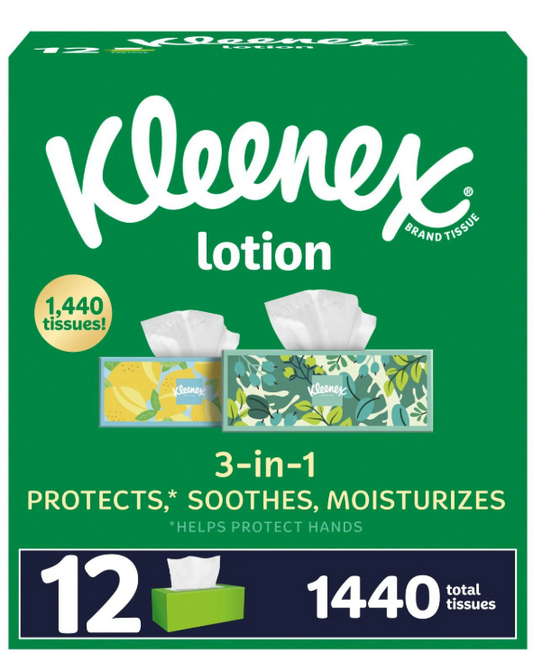 Kleenex Lotion 3-Ply Facial Tissues 12 boxes, 120 tissues/box