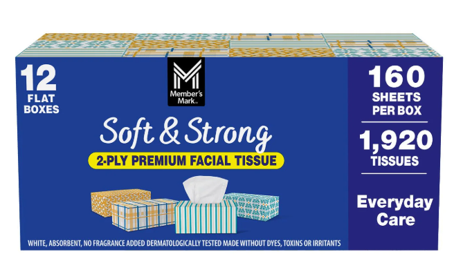Member’s Mark Soft & Strong 2-Ply Premium Facial Tissues 12 Flat Boxes, 160 tissues/box