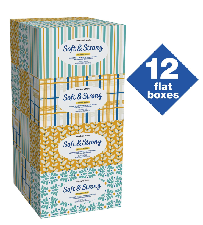 Member’s Mark Soft & Strong 2-Ply Premium Facial Tissues 12 Flat Boxes, 160 tissues/box