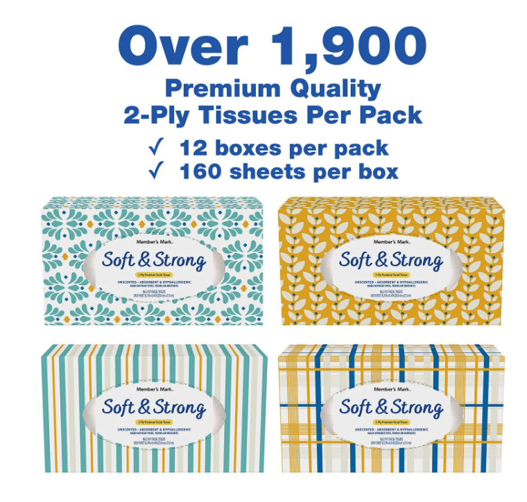 Member’s Mark Soft & Strong 2-Ply Premium Facial Tissues 12 Flat Boxes, 160 tissues/box