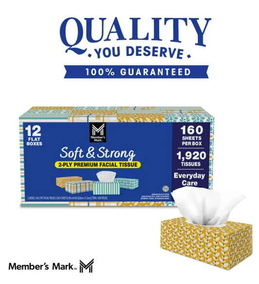 Member’s Mark Soft & Strong 2-Ply Premium Facial Tissues 12 Flat Boxes, 160 tissues/box