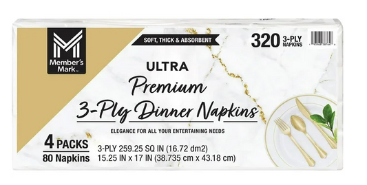 Member's Mark Ultra Premium 3-Ply White Dinner Napkins, 4 pks., 80 napkins/pk.