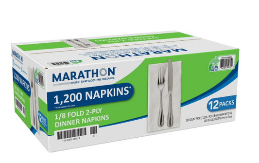 Marathon 1/8 Fold 2-Ply White Dinner Napkin, 12 pks., 100 napkins/pk.