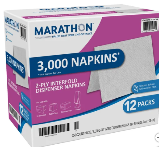 Marathon Interfold Dispenser Napkins, 2-ply, 250-count, 12-packs