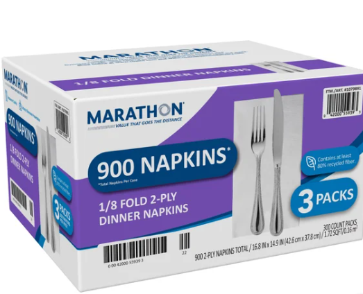 Marathon Dinner Napkin, 1/8 Fold, 2-Ply, 300-count, 3-pack