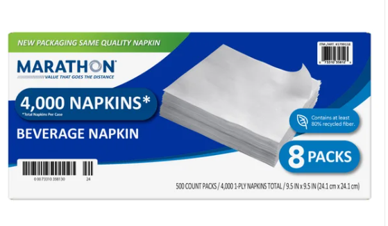 Marathon Beverage Napkin, 1-Ply, 500-count, 8-pack