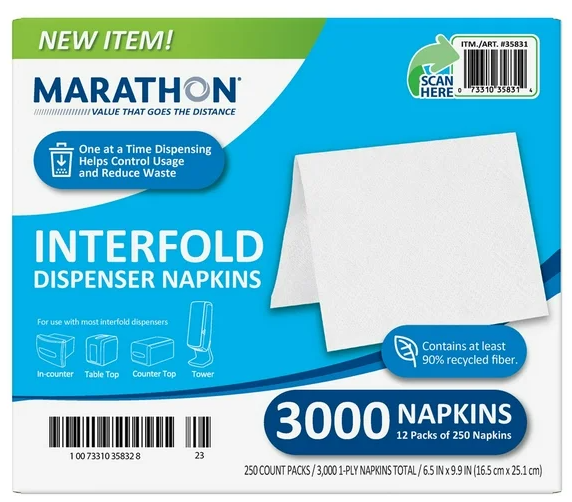 Marathon Interfold 1-Ply White Dispenser Napkins 12 pks., 250 napkins/pk.