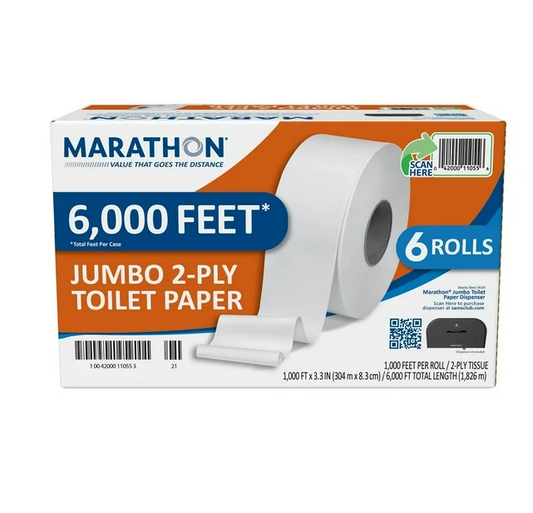 Marathon Jumbo Roll 2-Ply White Toilet Paper 6 rolls, 1000 ft./roll