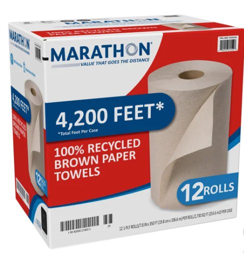 Marathon 100% Recycled Paper Towel, Brown, 1-Ply, 350 ft Rolls, 12-count