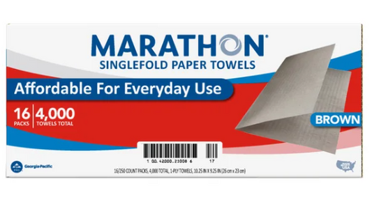 Marathon Paper Towel, Brown, Singlefold, 1-Ply, 250-count, 16-pack