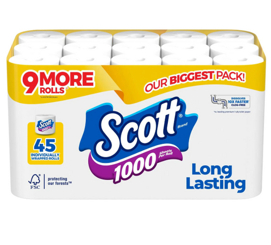 Scott 1000 1-Ply Toilet Paper 45 rolls, 1,000 sheets/roll