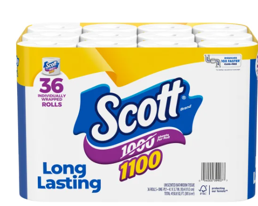 Scott Bath Tissue, 1-Ply, 1100 Sheets, 36 Rolls