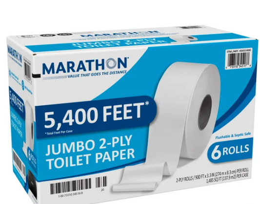 Marathon Jumbo Roll Bath Tissue, 2-Ply, 900 ft Rolls, 6 Rolls