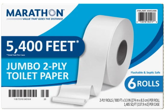 Marathon Jumbo Roll Bath Tissue, 2-Ply, 900 ft Rolls, 6 Rolls