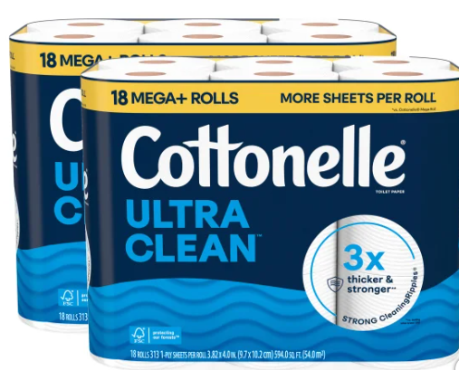 Cottonelle Ultra Clean Bath Tissue, 1-Ply, 313 Sheets, 36 Rolls