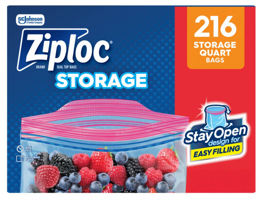 Ziploc Storage Quart Bags with New Stay Open Design, 216 ct.