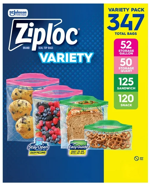 Ziploc Easy Open Bags Variety Pack with New Stay Open Design, 347 ct.