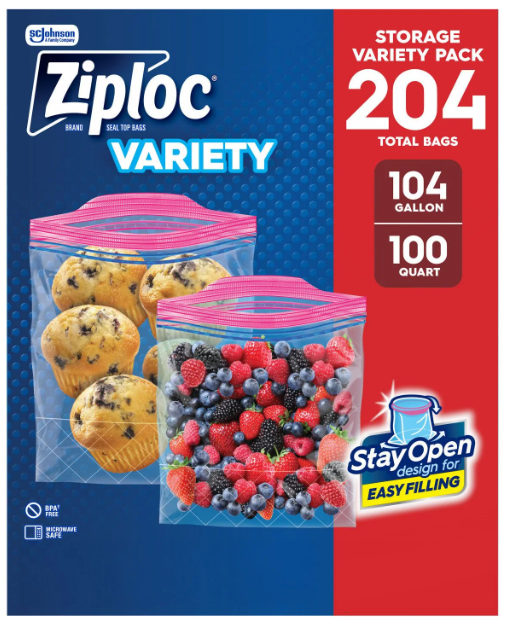 Ziploc Gallon & Storage Quart Bags with New Stay Open Design, 204 ct.