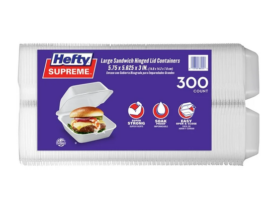 Hefty Supreme Large Sandwich Foam Hinged Lid Containers, 6" 300 ct.