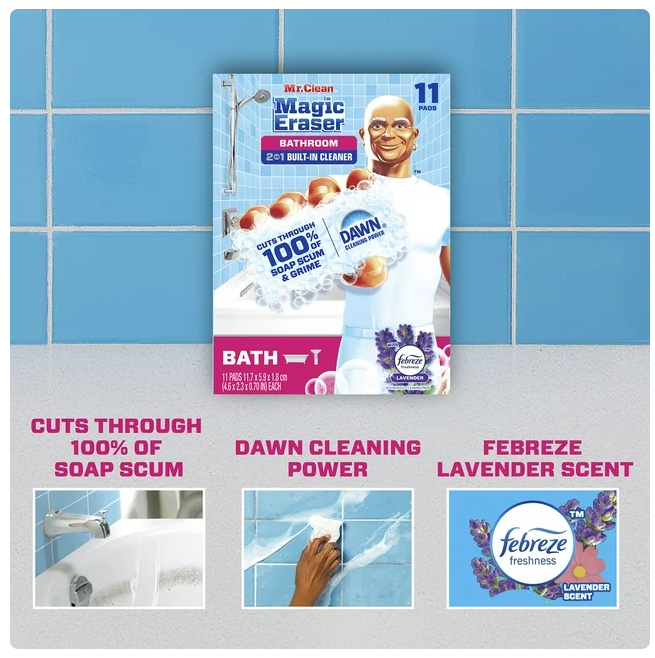 Mr. Clean Magic Eraser 2-in-1 Bathroom Cleaner Sponge, Lavender, 11 ct.