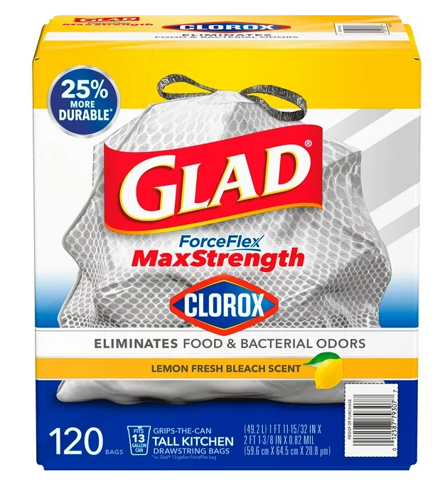 Glad ForceFlex Tall Kitchen Trash Bags With Clorox, Lemon Fresh Bleach Scent 13 gal., 120 ct.
