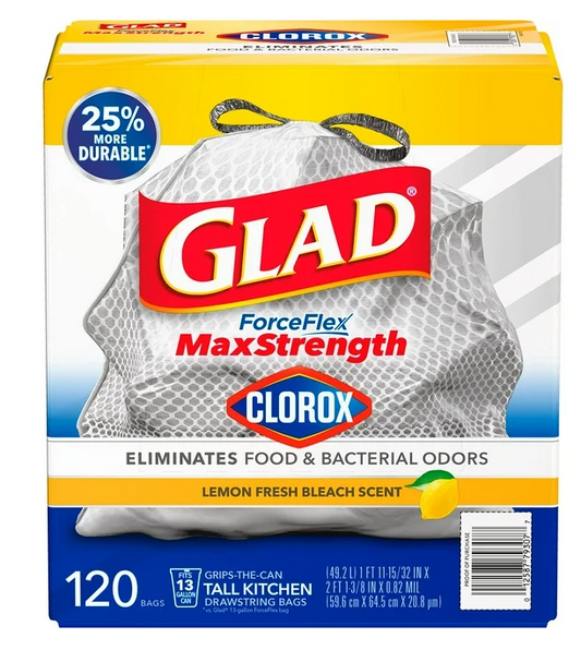 Glad ForceFlex Tall Kitchen Trash Bags With Clorox, Lemon Fresh Bleach Scent 13 gal., 120 ct.