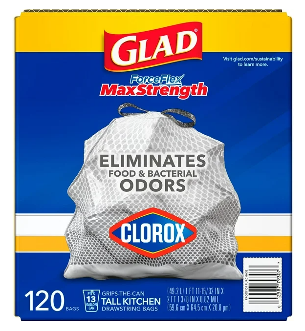 Glad ForceFlex Tall Kitchen Trash Bags With Clorox, Lemon Fresh Bleach Scent 13 gal., 120 ct.